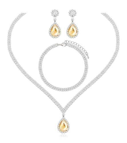 Elegant Silver Crystal Wedding Necklace Earrings Bracelet Jewelry Set for Women Brides Bridesmaids Prom Party Costume Accessory Bridal Jewelry - color: silver-champagne