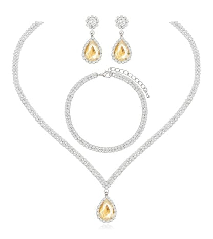 Elegant Silver Crystal Wedding Necklace Earrings Bracelet Jewelry Set for Women Brides Bridesmaids Prom Party Costume Accessory Bridal Jewelry - color: silver-champagne
