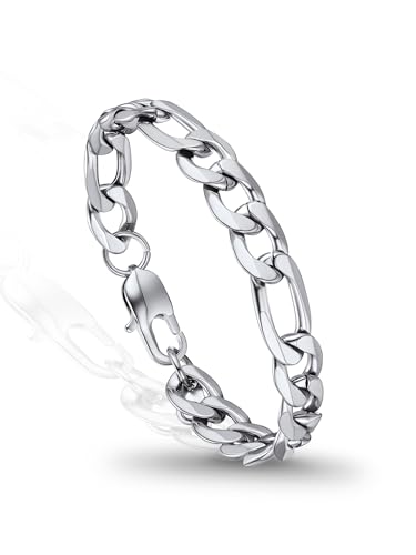 PROSTEEL Bracelets for Men, Figaro/Cuban Mens Bracelet, Silver/Gold/Black | 6/9/13mm Width, 7.5/8.3/9" Length, Stainless Steel Mens Bracelet, Durable & Non Tarnish, Chunky Jewelry with Gift Box - style: B 9mm-Figaro-Sliver