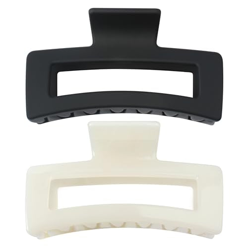 XXL Jumbo Rectangle Claw Clips for Thick Hair - Strong Hold Hair Clips | Rectangle Design | Matte Finish | Non Slip | Wide Opening | 2 Pack (Black & Jelly White) - color: Black & Jelly White