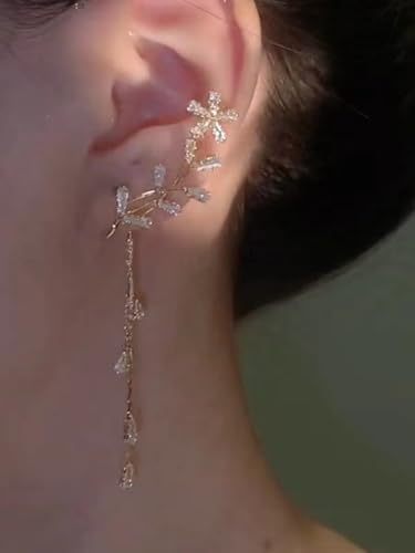 2PCS Flower Tassel Zircon Earrings Ear Cuffs No Piercing Flower Climber Wrap Around Earrings Pearl Drop Earrings for Women Fairy Ear Clip Dainty Wedding Earrings for Brides - color: Style 2 - Gold