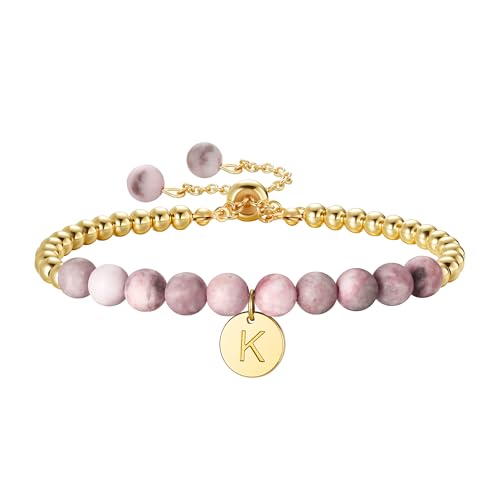 Ritach Initial Bracelets for Girls Kids - Pink Zebra Natural Stone Disc/Heart Initial Bracelet Adjustable Gold/Silver Beaded Bracelets for Girls Kids Teen Girl Jewelry Birthday Gifts - color: K-Gold