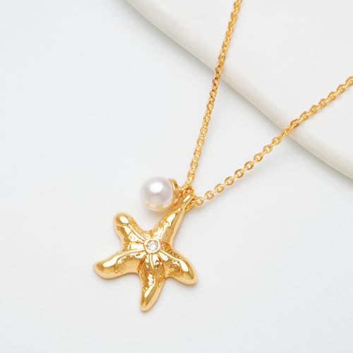 MTMY Gold Starfish Necklace 14K Gold Plated Shell Conch Ocean Pendant Necklace for Women Beach Summer Jewelry - style: starfish pearl 2