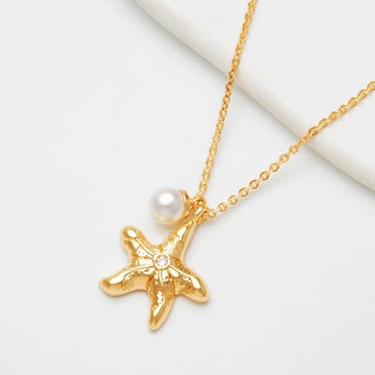 MTMY Gold Starfish Necklace 14K Gold Plated Shell Conch Ocean Pendant Necklace for Women Beach Summer Jewelry - style: starfish pearl 2