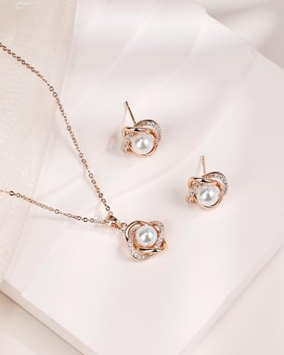 14K Gold Plated and Silver Pearl Jewelry Set for Women - Matching Pearl Necklace and Earring Set with Wrapped Design, June Birthstone Jewelry Set for Gift - color: Rose Gold