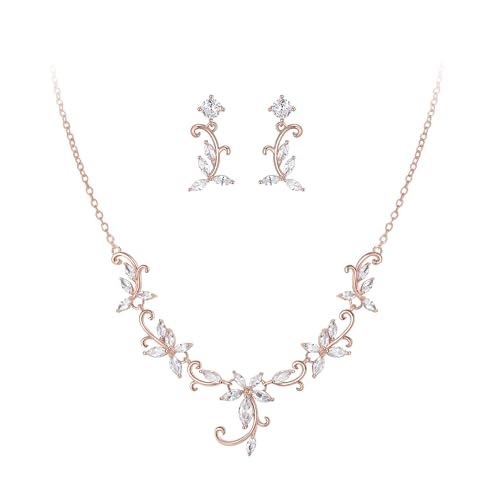 Crysdue Flower Leaf Wedding Jewelry Set for Bridal Bridemaid, Cubic Zirconia Teardrop Elegant Silver/14K/Rose Gold Plated Vine Necklace Dangle Earrings for Prom Party - style: A_Rose Gold Tone