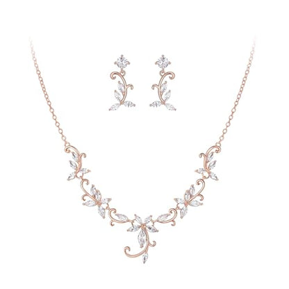 Crysdue Flower Leaf Wedding Jewelry Set for Bridal Bridemaid, Cubic Zirconia Teardrop Elegant Silver/14K/Rose Gold Plated Vine Necklace Dangle Earrings for Prom Party - style: A_Rose Gold Tone