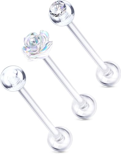 OUFER 3PCS Plastic Helix Piercing Jewelry, Clear Lip Piercing Retainers for Surgery, Cute Paw/Bow/Flower Lip Rings for Women, 16G Flat Back Cartilage Tragus Lobe Earrings for Women and Men-8mm