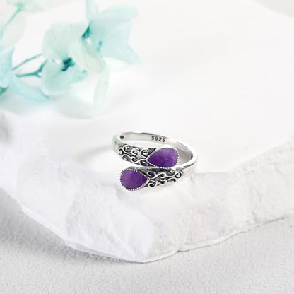 Ring for Women Sterling Silver Adjustable Band Open Rings Jewelry Gifts for Girls - style: Amethyst