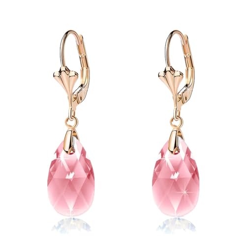 Austrian Crystal Teardrop Leverback Dangle Earrings for Women Fashion 14K Gold Plated Hypoallergenic Jewelry - color: Pink