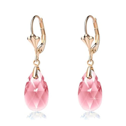 Austrian Crystal Teardrop Leverback Dangle Earrings for Women Fashion 14K Gold Plated Hypoallergenic Jewelry - color: Pink
