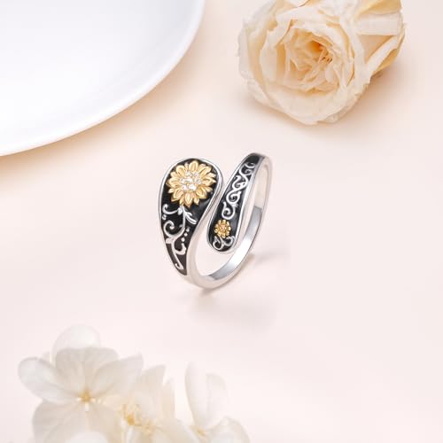 FLYOW Sterling Silver Sunflower Spoon Ring Victorian Style Boho Antique Flower Adjustable Open Ring Retro Statement Cubic Zirconial/Turquoise/Oxidized Thumb Rings for Women Birthday Christmas Jewelry - style: Cubic Zirconial-7