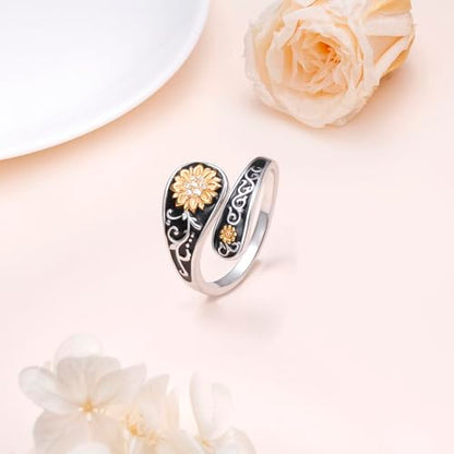 FLYOW Sterling Silver Sunflower Spoon Ring Victorian Style Boho Antique Flower Adjustable Open Ring Retro Statement Cubic Zirconial/Turquoise/Oxidized Thumb Rings for Women Birthday Christmas Jewelry - style: Cubic Zirconial-7