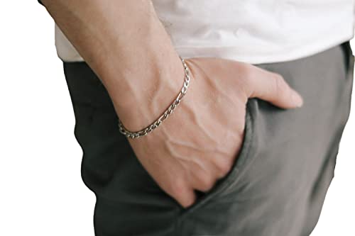 Silver tone chain bracelet for men, flat cable Figaro chain, waterproof stainless steel, custom size gift for him, minimalist subtle jewelry