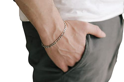 Silver tone chain bracelet for men, flat cable Figaro chain, waterproof stainless steel, custom size gift for him, minimalist subtle jewelry