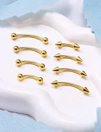 Eyebrow Piercing Jewelry Surgical Steel Curved Barbell Tiny Eyebrow Ring Vertical Labret Lip Jewelry Ear Rook Navel Small Belly Button Ring for Women Men 20g 16g 6mm/8mm/10mm/12mm - color: 16g,goldtone