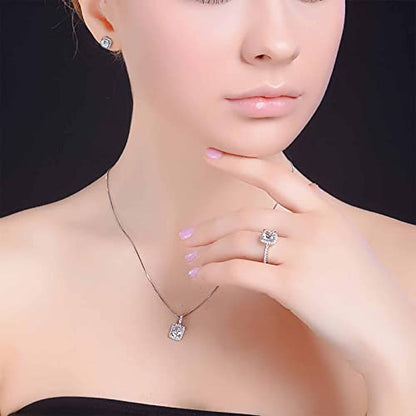 4pcs Set Zirconia Pendant Necklace Earrings Ring Bangle Set Silver Crystal Fashion Adjustable Zircon Jewelry for Women Wife Party Prom Engagement Wedding Gifts - style: Modern