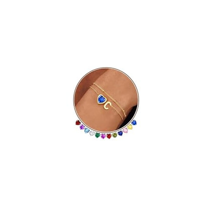 14K Gold Plated Heart Initial Birthstone Gold Bracelets for Women | Dainty Heart Letter A-Z Charm Layered Bracelets Birthday Trendy Jewelry Gifts for Women - color: C