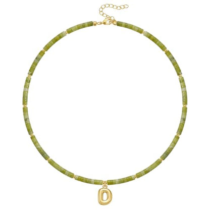 KELORIS PATH Beaded Initial Necklace for Women, 14K Gilded Plated Bubble Letter Pendant Natural Handmade Stone Choker Boho Colorful Summer Beach Jewelry Gift - color: Green Aventurine, style: Letter D