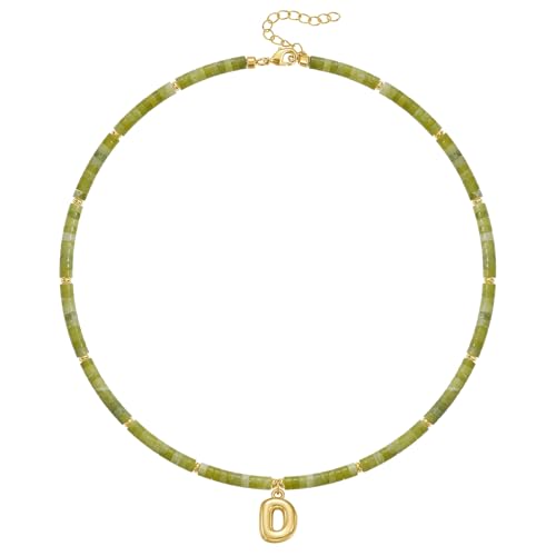 KELORIS PATH Beaded Initial Necklace for Women, 14K Gilded Plated Bubble Letter Pendant Natural Handmade Stone Choker Boho Colorful Summer Beach Jewelry Gift - color: Green Aventurine, style: Letter D