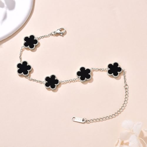 FLY FEI 18K Gold-Plated Four Leaf Clover Bracelet for Women,Adjustable lucky Bracelet Set Jewelry Gift-Hypoallergenic Charm for Birthdays, Wellness & Daily Wear - color: style02-Black(silvery)