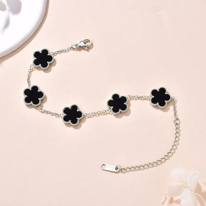 FLY FEI 18K Gold-Plated Four Leaf Clover Bracelet for Women,Adjustable lucky Bracelet Set Jewelry Gift-Hypoallergenic Charm for Birthdays, Wellness & Daily Wear - color: style02-Black(silvery)