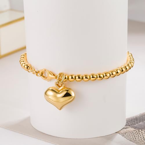 H&Beautimer 925 Sterling Silver 4-10MM Ball Chain Bracelet For Women's - Italian Handmade Bead Chain Bracelet 5''5.7''6.3''6.7''7.5''8''8.3''8.5''9 Inch Rose Gold Party Jewelry - color: 4MM Gold-Heart Pendant, size: 5 inches