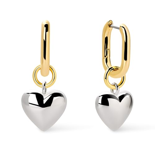 Ana Luisa Puffed Heart Earrings - Heart Charm Huggie Hoops and Earring Stud Styles - Dainty 14K Gold Plated, Silver Rhodium Plated & Mixed Metal Silver & Gold Earrings - Hypoallergenic Water-Resistant - color: Two Tone