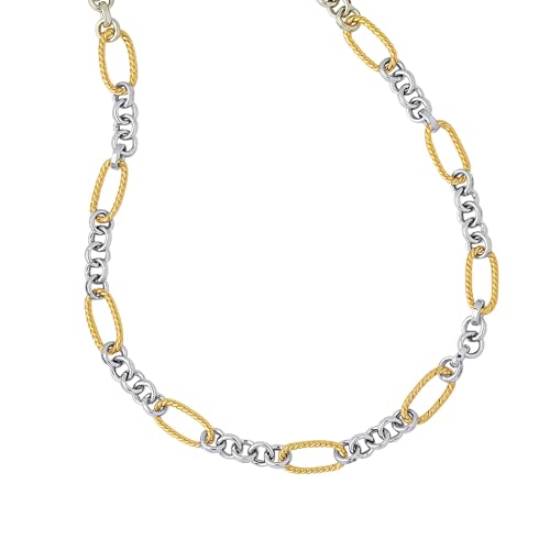 Jewelry Affairs 14K Two-tone Gold Alternating Twisted Elongated Oval Rope Link Chain Bracelet, 7.5"