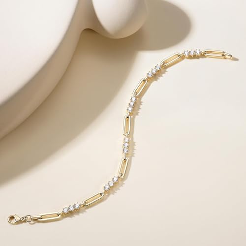 Paperclip Bracelet for Women Couple Bracelets with CZ Chain Strand Jewelry Gift for Girls - color: Style 2-Golden, 7 inches