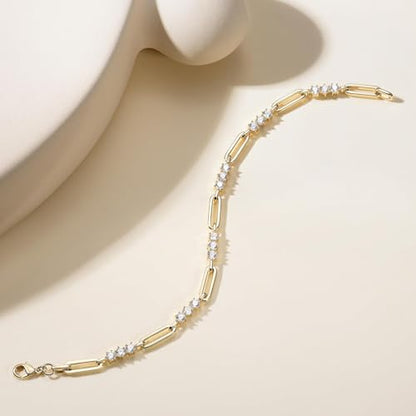 Paperclip Bracelet for Women Couple Bracelets with CZ Chain Strand Jewelry Gift for Girls - color: Style 2-Golden, 7 inches