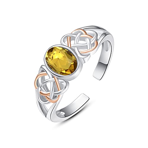 PRAYMOS 925 Sterling Silver Ring Birthstone Ring Turquoise Moss White Opal Ring for Women Celtic Knot Open Adjustable Thrumb Ring - color: Yellow Topaz
