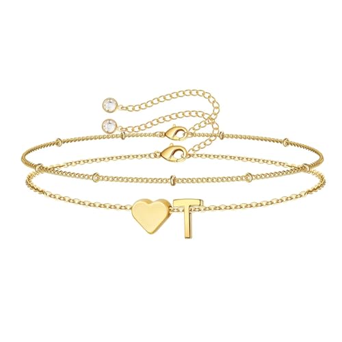 M MOOHAM Initial Bracelets for Women Teen Girls - Heart Letter A-Z Bracelet | Dainty 14K Gold Plated Jewelry, Heart Initial Bracelet, Bracelets for Women Girls Trendy, Birthday Gifts for Women Girls Her - color: Gold - T