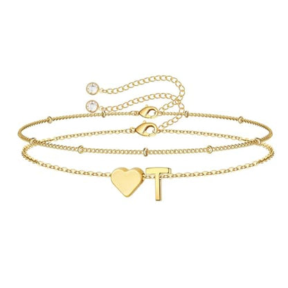 M MOOHAM Initial Bracelets for Women Teen Girls - Heart Letter A-Z Bracelet | Dainty 14K Gold Plated Jewelry, Heart Initial Bracelet, Bracelets for Women Girls Trendy, Birthday Gifts for Women Girls Her - color: Gold - T