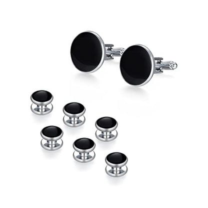 wynameleri Mens Cufflinks and Studs Set Blanks Round 4 Colors Shirt Tuxedo Buttons Packed in Cufflink Box for Business Wedding Jewelry - color: Silver Black