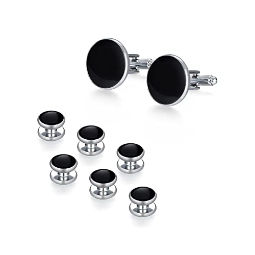 wynameleri Mens Cufflinks and Studs Set Blanks Round 4 Colors Shirt Tuxedo Buttons Packed in Cufflink Box for Business Wedding Jewelry - color: Silver Black
