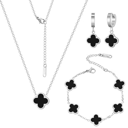 18K Gold Plated Lucky Clover Jewelry Set, Birthday Gifts for Women | Stainless Steel Hypoallergenic,Black White Red Four Leaf Clover Bracelet Necklace Earrings set, Daily Wear, Gifts for Women - color: Clover Set-Silver Black