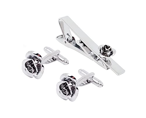 Unique Rose Flower Cufflinks and Tie Clip Set for Men Regular Necktie | Silver/Golden/Black Men's Tie Pin and Cuff Links for Wedding Party Daily Office Formal Casual Business Tuxedo Dress Accessory - style: Silver Cufflinks Tie Pin Set