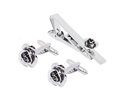 Unique Rose Flower Cufflinks and Tie Clip Set for Men Regular Necktie | Silver/Golden/Black Men's Tie Pin and Cuff Links for Wedding Party Daily Office Formal Casual Business Tuxedo Dress Accessory - style: Silver Cufflinks Tie Pin Set