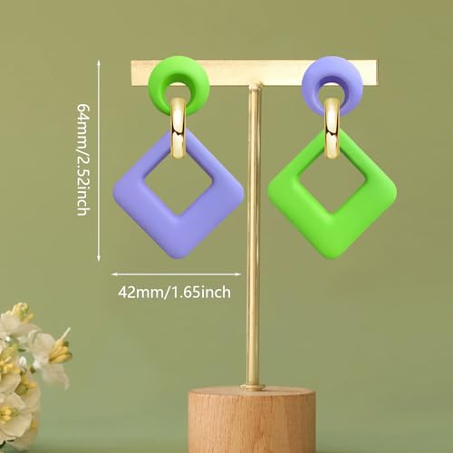 70s 80s Vintage Resin Neon Square Dangle Drop Earrings Simplicity Acrylic Hollow Round Circle Geometry Stud Earrings for Women - style: Green Purple
