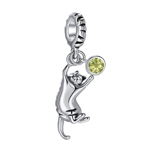 Ginger Cat Playing Tabby Dangle Charm Compatible with Pandora Charms Bracelets with CZ Birthstones for Cat Lovers Women Mother's Day - style: Aug Tabby Cat