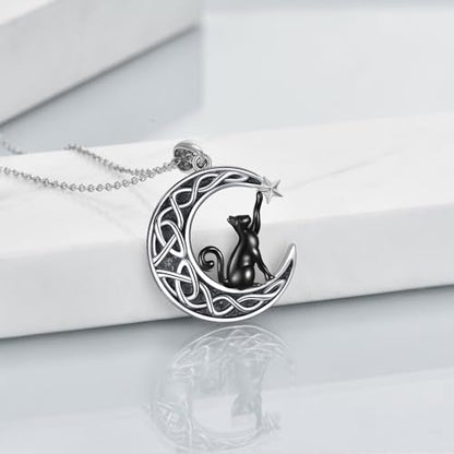 925 Sterling Silver Moon Black Cat Necklace for Women Cat Jewelry - style: J-Black Cat Moon Necklace