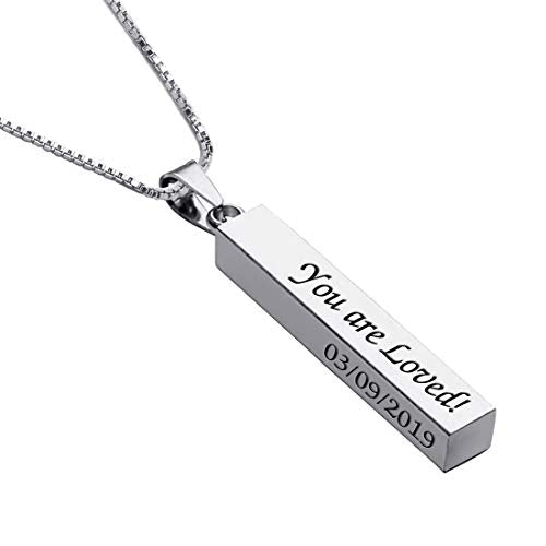 Personalized 3D Vertical Bar Necklace, Custom Necklace Engraved with Any Name Pendant Jewelry Mothers Day Gift - color: Silver Bar+Box Chain