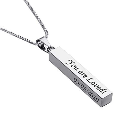 Personalized 3D Vertical Bar Necklace, Custom Necklace Engraved with Any Name Pendant Jewelry Mothers Day Gift - color: Silver Bar+Box Chain