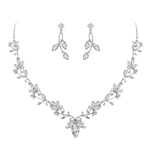 Wedding Jewelry Set for Women CZ Teardrop Flower Leaf Filigree Necklace Earrings Party Prom Accessories - color: Silver-tone