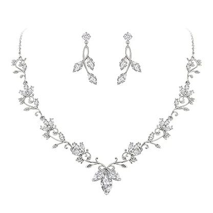 Wedding Jewelry Set for Women CZ Teardrop Flower Leaf Filigree Necklace Earrings Party Prom Accessories - color: Silver-tone