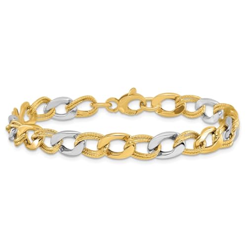 Diamond2Deal 14K Two-tone Gold Polished and Textured Fancy Link Chain Bracelet 7.25"