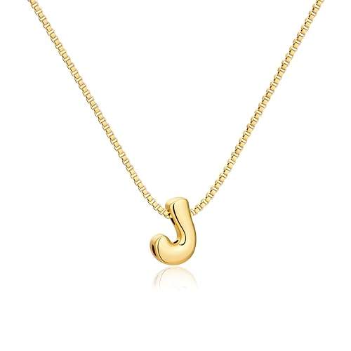 Bubble Gold Initial Necklaces for Women,14K Gold Plated A-Z Initial Necklaces for Women, Chunky balloon letter name Pendant Necklace Fashion Jewelry Gifts - color: J, style: Gold