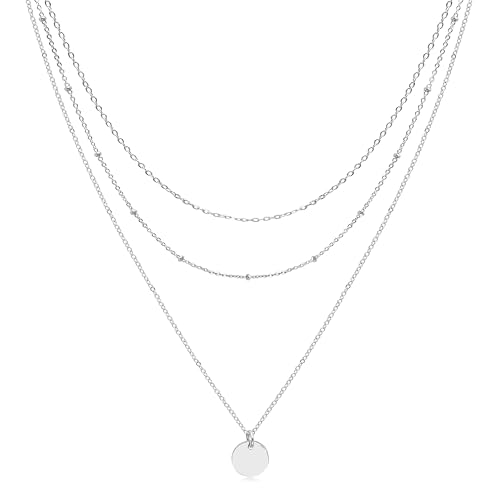 Aisansty Dainty Layered Choker Necklaces Handmade Coin Tube Star Pearl Pendant Multilayer Adjustable Layering Chain Gold Plated Necklaces Set for Women - color: Silver, style: Silver-Layered Disc
