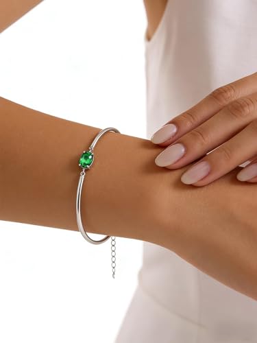 Moissanite/Sapphire/Ruby/Emerald Cuff Bracelet 1 Carat Oval Cut Center Stone Inlaid 925 Sterling Silver 14K Gold Plated Adjustable Birthstone Bangle for Women fit Wrist 5-7.5 Inch - color: Emerald Silver